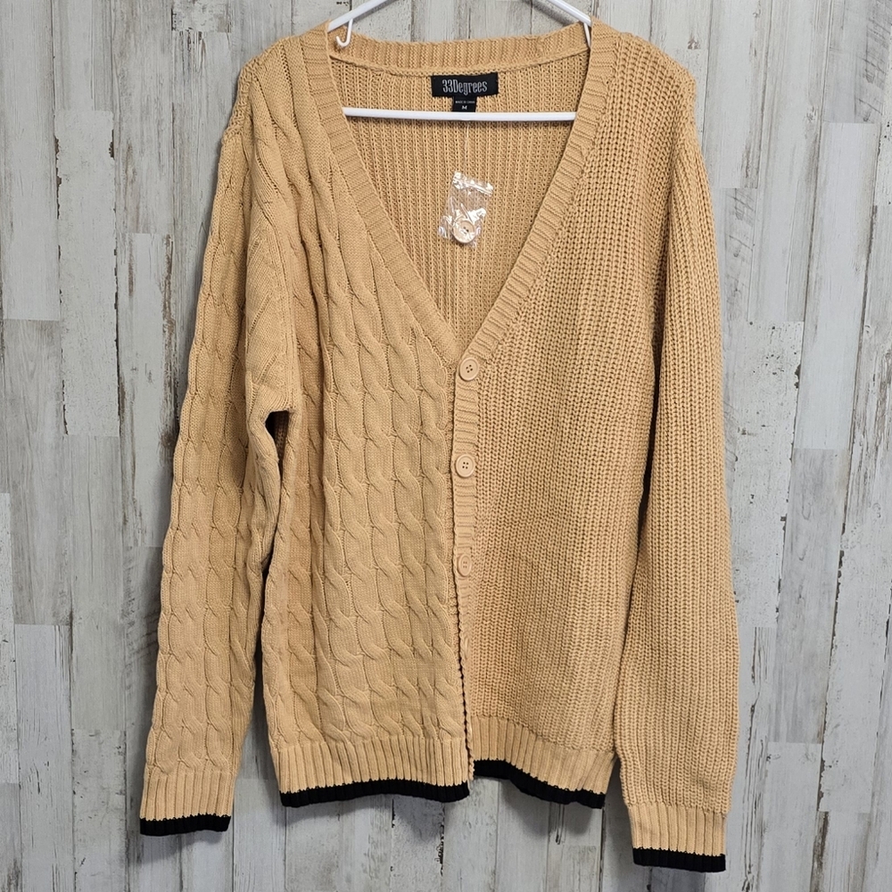 33 Degrees Chunky Cable Knit Button Up V Neck Cardigan Size Medium